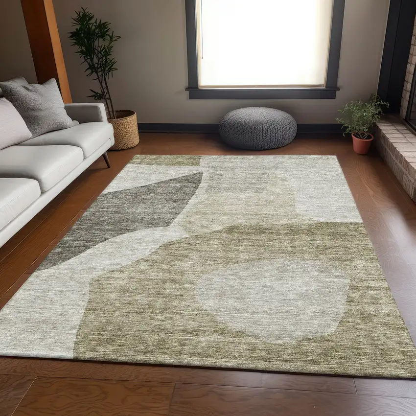 Taupe And Ivory Abstract Washable Area Rug With UV Protection Photo 3