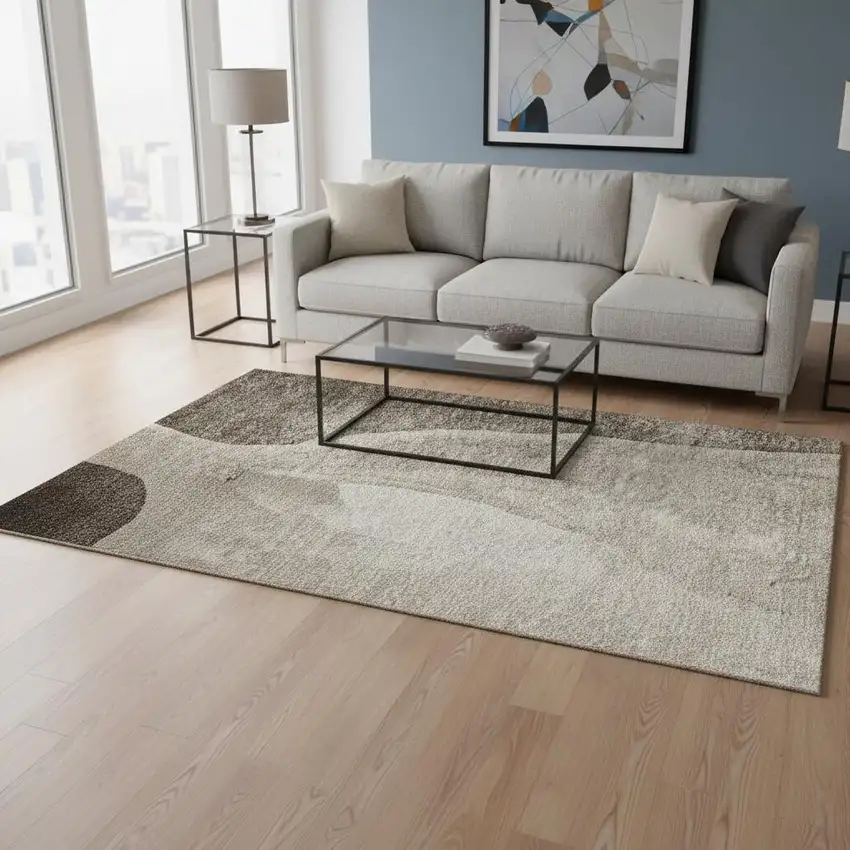 Taupe And Ivory Abstract Washable Area Rug With UV Protection Photo 1