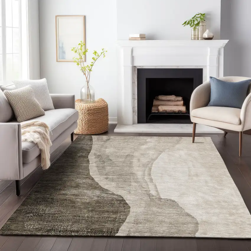 Taupe And Ivory Abstract Washable Area Rug With UV Protection Photo 4