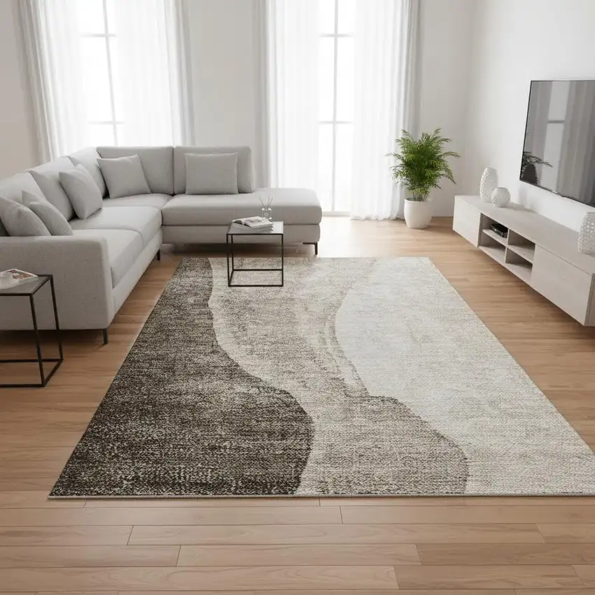 Taupe And Ivory Abstract Washable Area Rug With UV Protection Photo 1