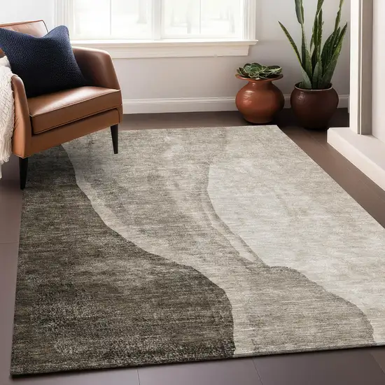 Taupe And Ivory Abstract Washable Area Rug With UV Protection Photo 5
