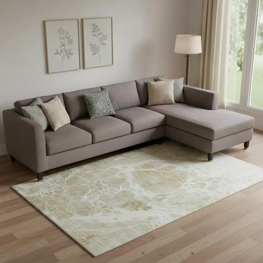 Taupe And Ivory Abstract Washable Area Rug With UV Protection Photo 1