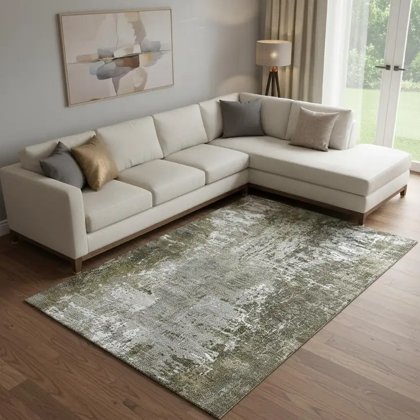Taupe And Ivory Abstract Washable Area Rug With UV Protection Photo 1