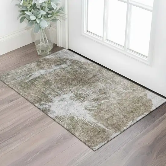 Taupe And Ivory Abstract Washable Area Rug With UV Protection Photo 1