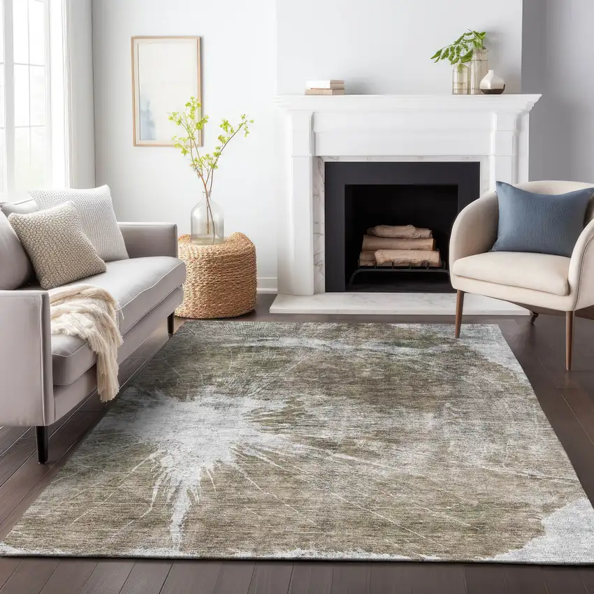 Taupe And Ivory Abstract Washable Area Rug With UV Protection Photo 4