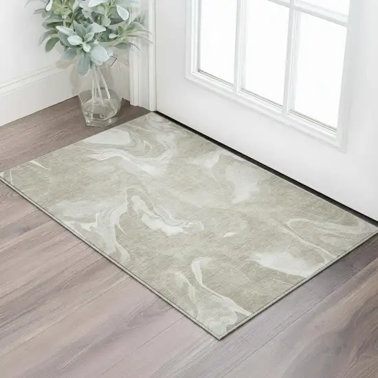 Taupe And Ivory Abstract Washable Area Rug With UV Protection Photo 2