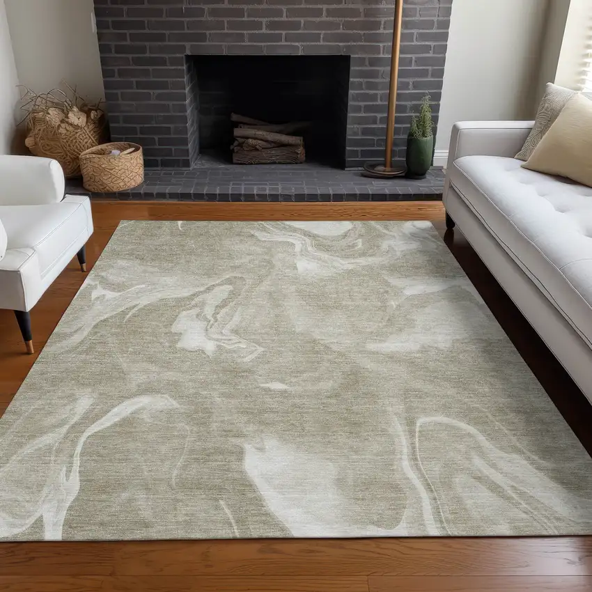 Taupe And Ivory Abstract Washable Area Rug With UV Protection Photo 5