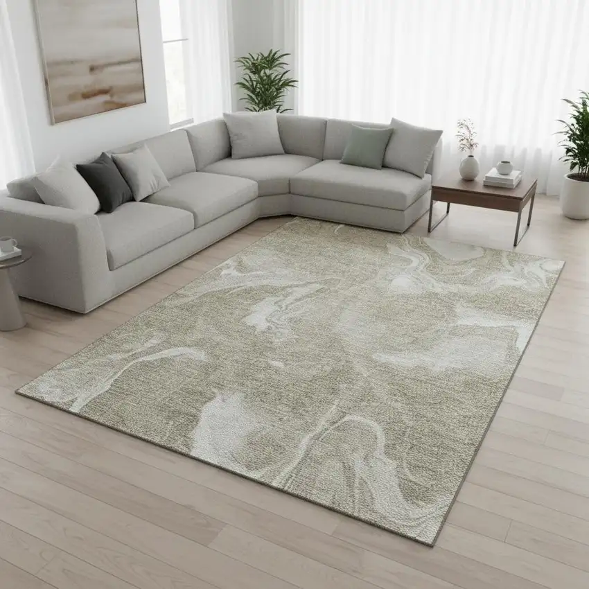 Taupe And Ivory Abstract Washable Area Rug With UV Protection Photo 2