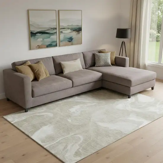 Taupe And Ivory Abstract Washable Area Rug With UV Protection Photo 1