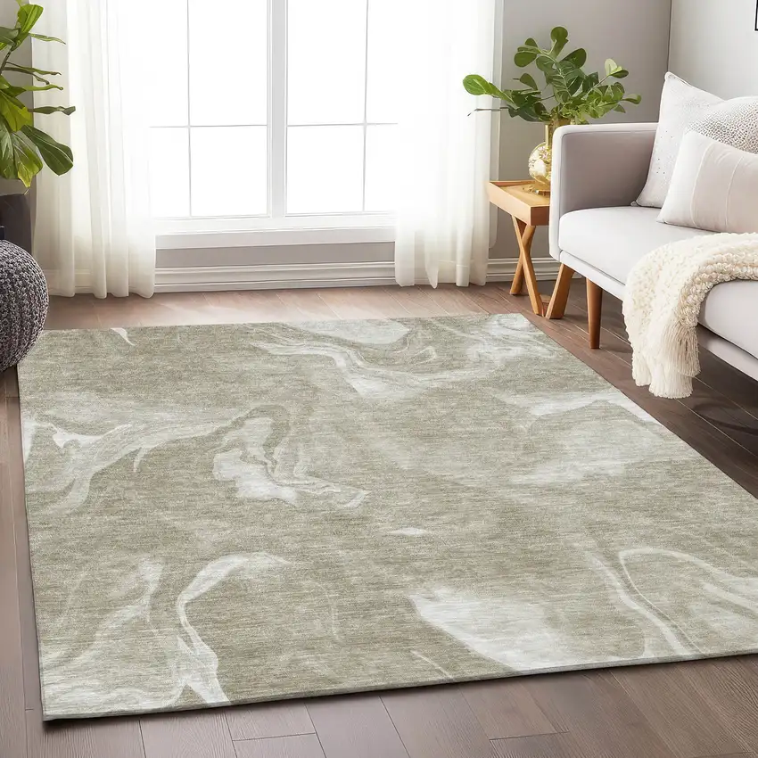Taupe And Ivory Abstract Washable Area Rug With UV Protection Photo 6