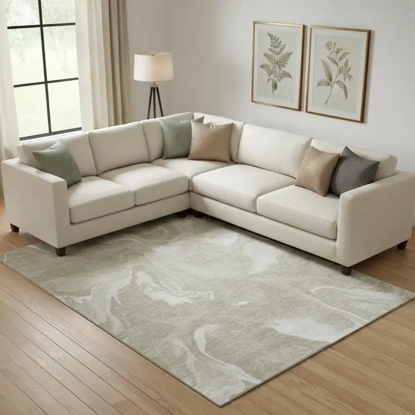 Taupe And Ivory Abstract Washable Area Rug With UV Protection Photo 1