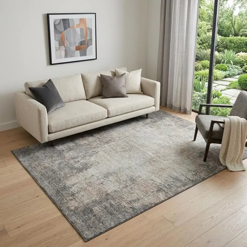 Taupe And Ivory Abstract Washable Area Rug With UV Protection Photo 1