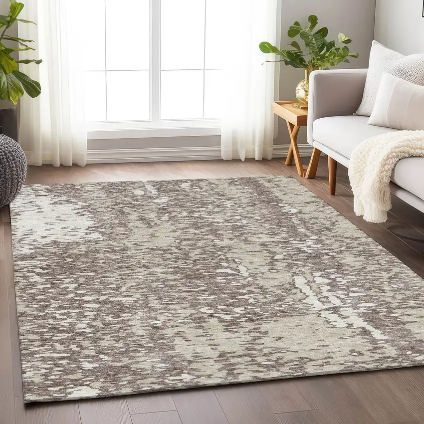 Taupe And Ivory Abstract Washable Area Rug With UV Protection Photo 3