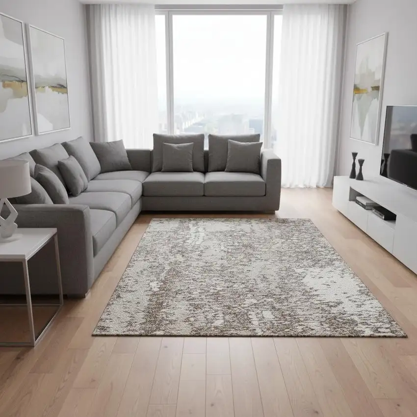 Taupe And Ivory Abstract Washable Area Rug With UV Protection Photo 2