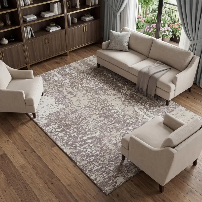 Taupe And Ivory Abstract Washable Area Rug With UV Protection Photo 1