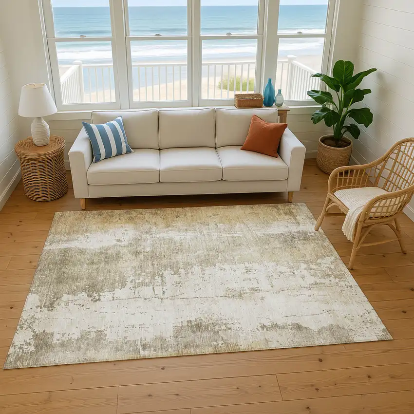 Taupe And Ivory Abstract Washable Area Rug With UV Protection Photo 1