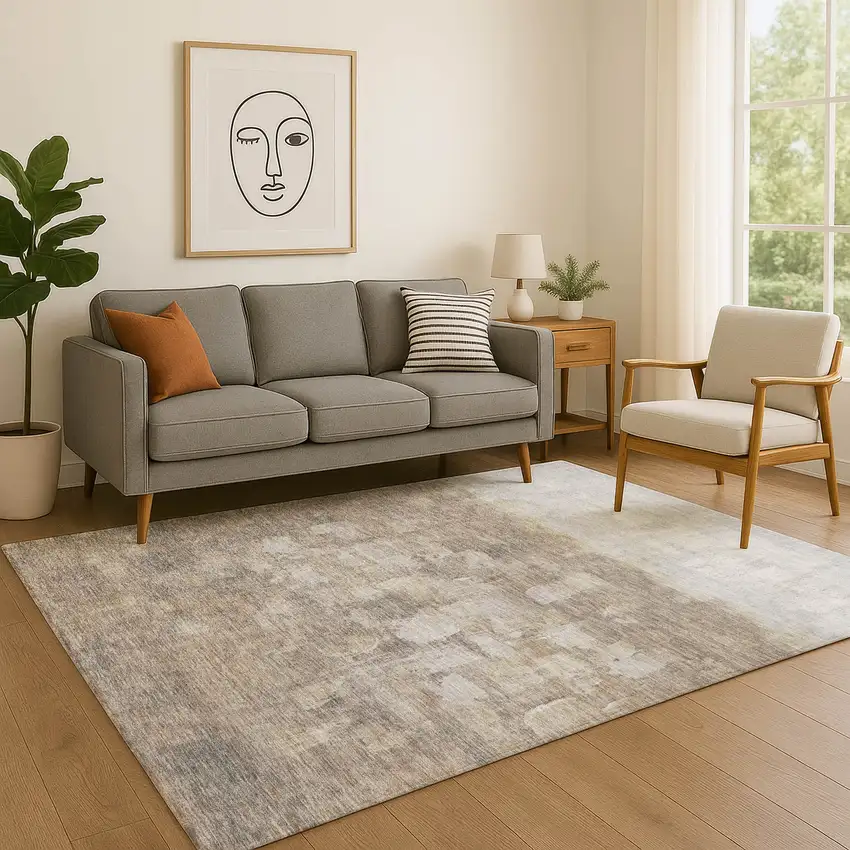 Taupe And Ivory Abstract Washable Area Rug With UV Protection Photo 5