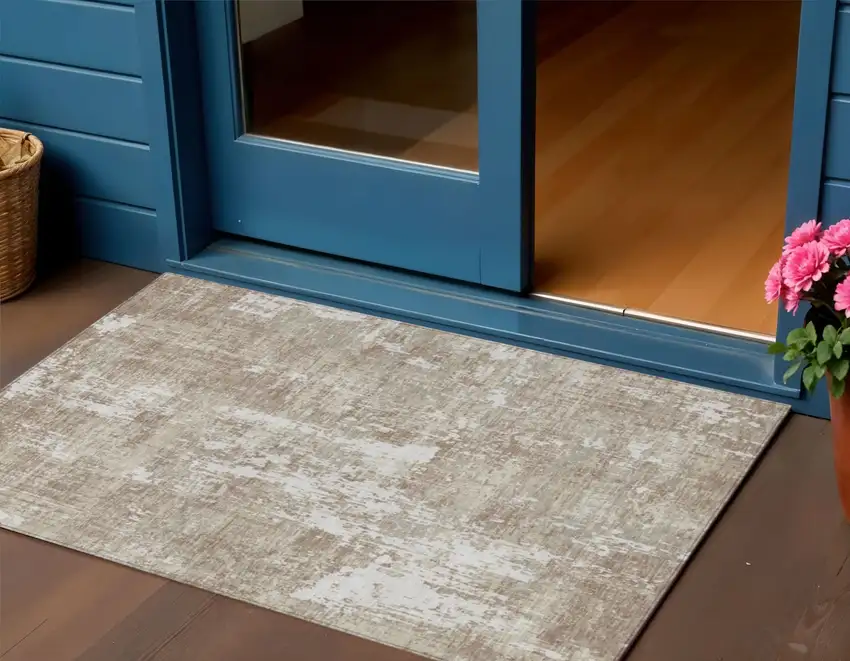 Taupe And Ivory Abstract Washable Indoor Outdoor Area Rug Photo 1
