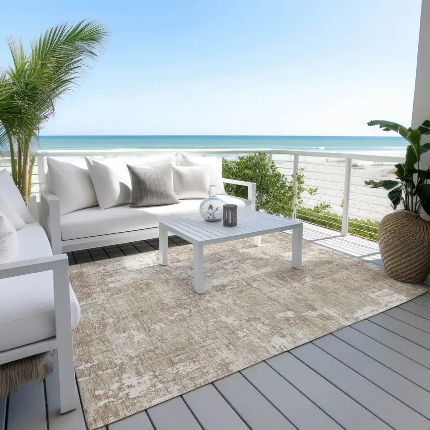 Taupe And Ivory Abstract Washable Indoor Outdoor Area Rug Photo 9