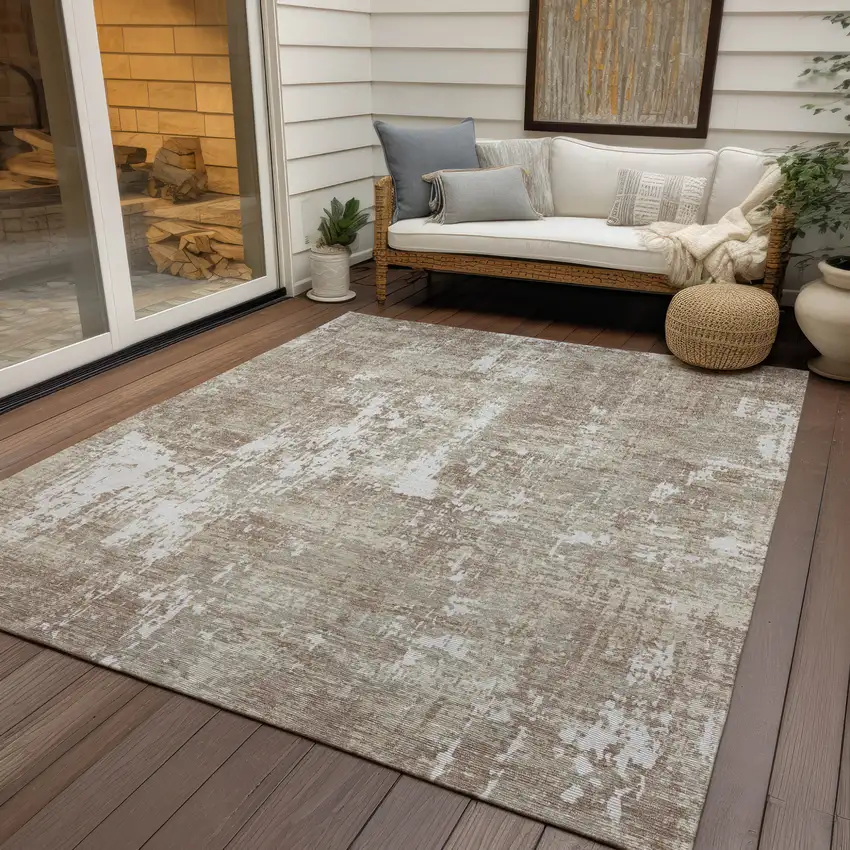 Taupe And Ivory Abstract Washable Indoor Outdoor Area Rug Photo 6
