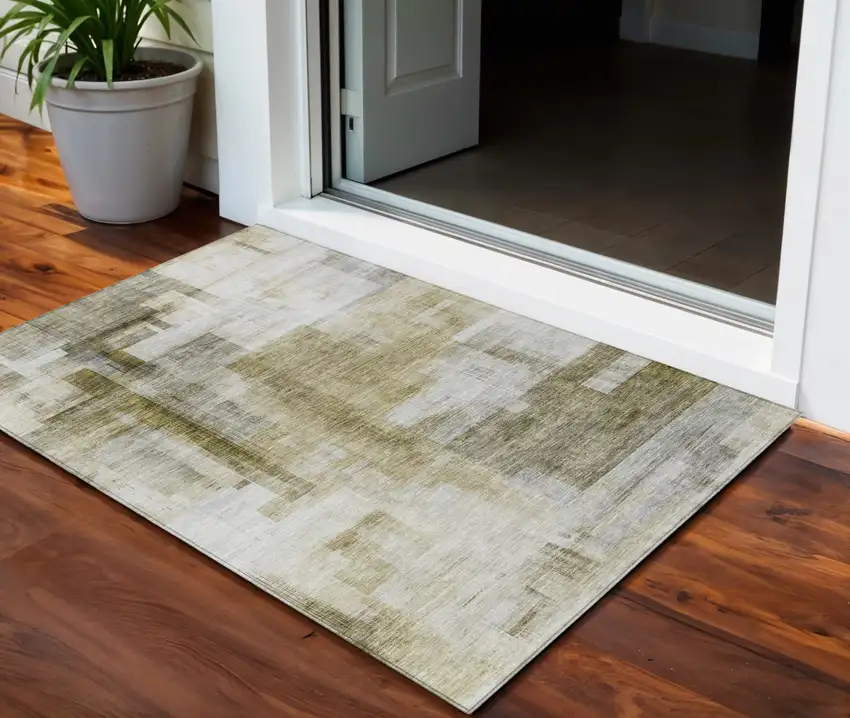 Taupe And Ivory Abstract Washable Indoor Outdoor Area Rug Photo 1