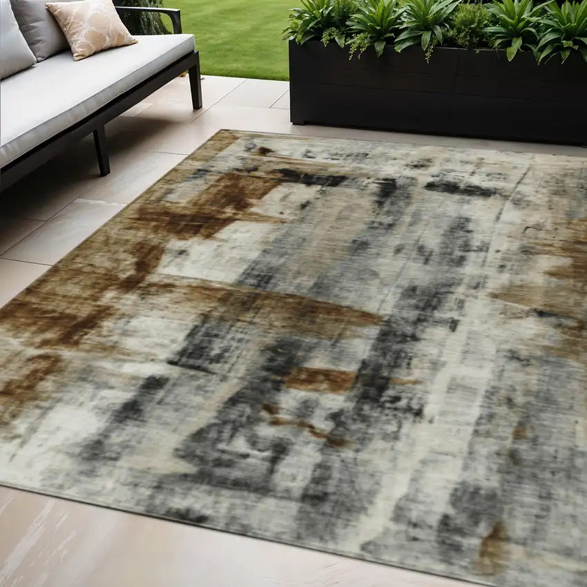 Taupe And Ivory Abstract Washable Indoor Outdoor Area Rug Photo 2