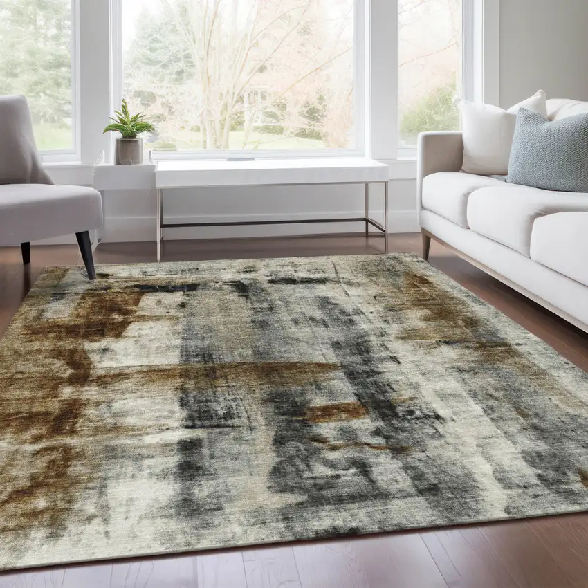 Taupe And Ivory Abstract Washable Indoor Outdoor Area Rug Photo 5