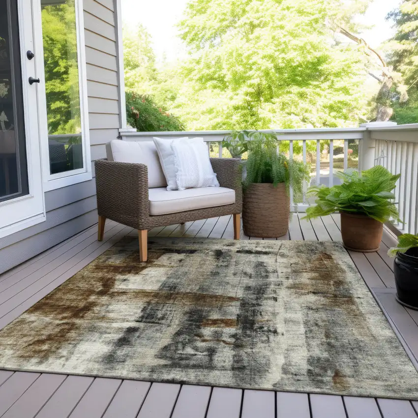 Taupe And Ivory Abstract Washable Indoor Outdoor Area Rug Photo 6