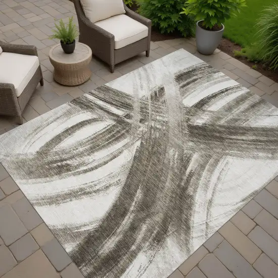 Taupe And Ivory Abstract Washable Indoor Outdoor Area Rug Photo 6