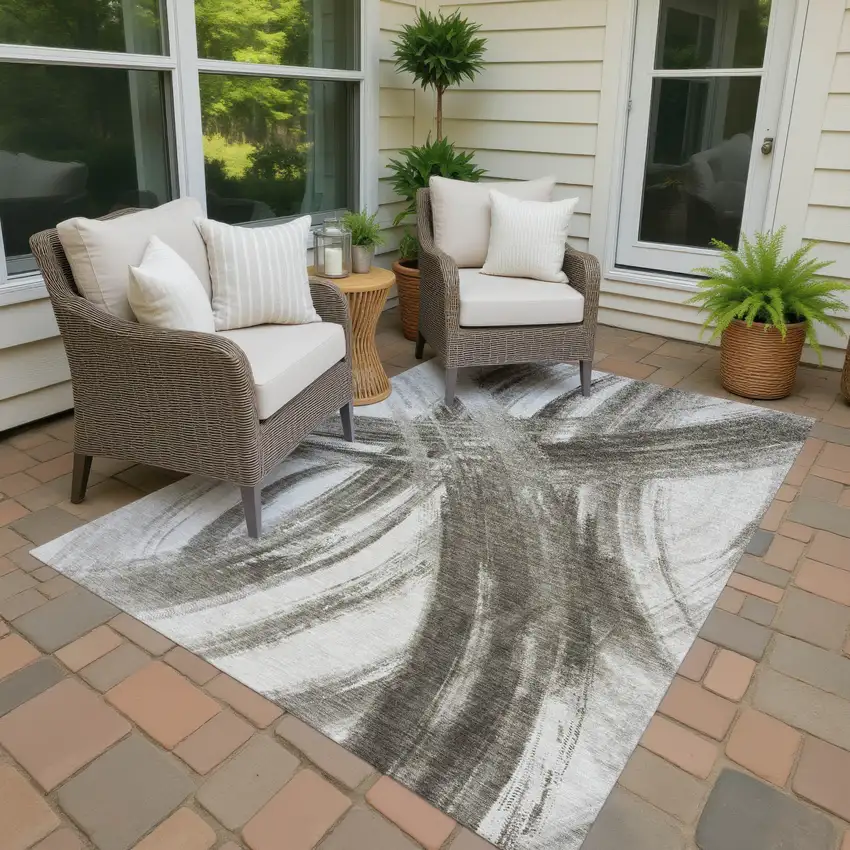 Taupe And Ivory Abstract Washable Indoor Outdoor Area Rug Photo 4