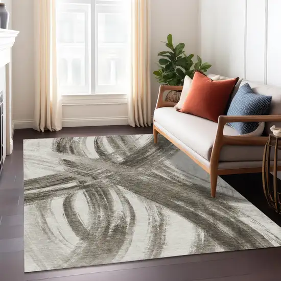 Taupe And Ivory Abstract Washable Indoor Outdoor Area Rug Photo 6