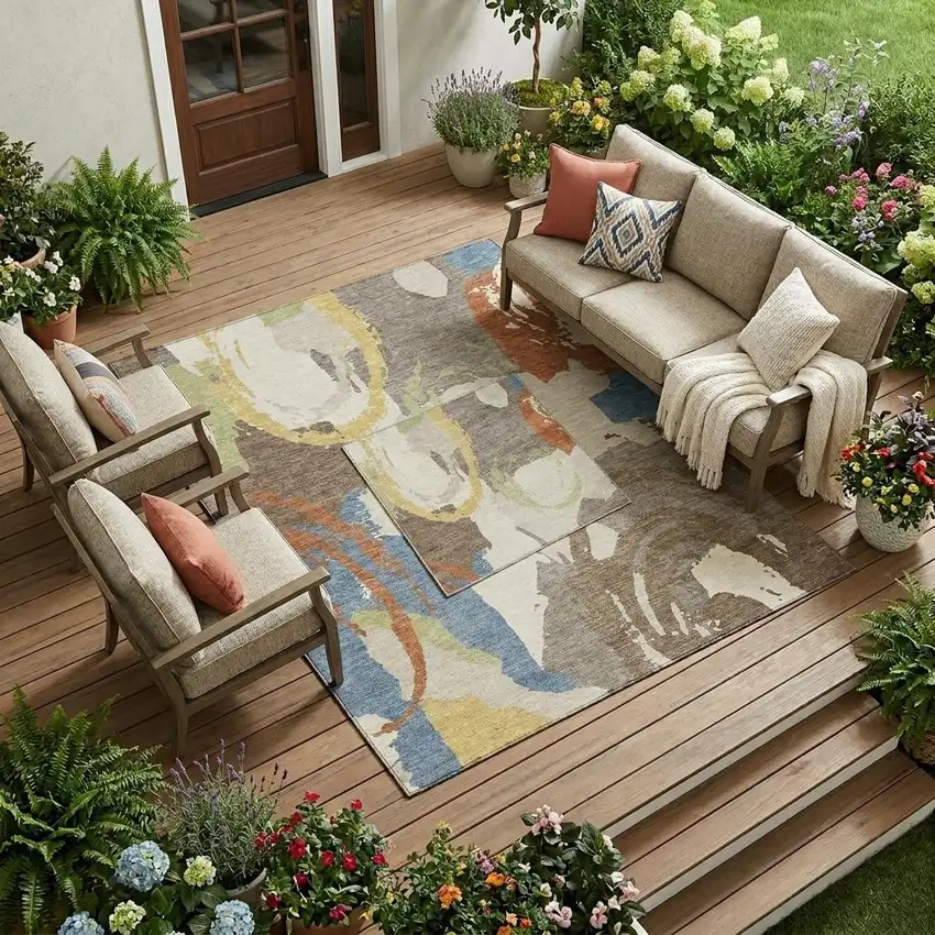Taupe And Ivory Abstract Washable Indoor Outdoor Area Rug Photo 1