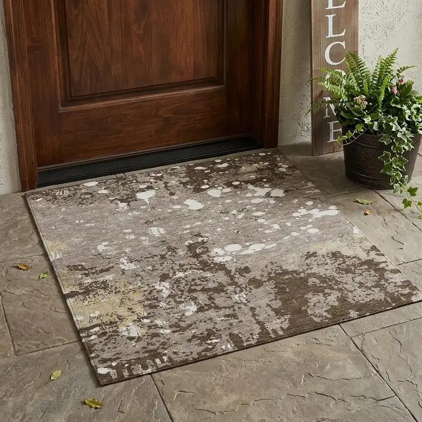 Taupe And Ivory Abstract Washable Indoor Outdoor Area Rug Photo 1