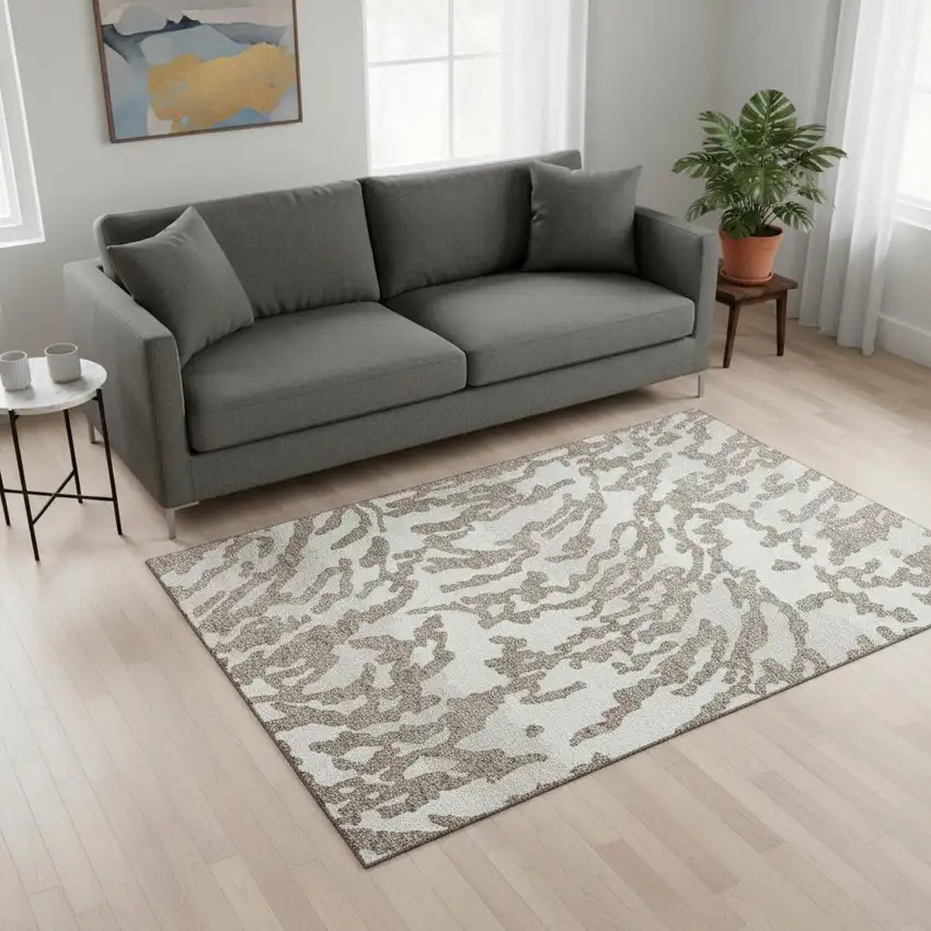 Taupe And Ivory Animal Print Washable Area Rug With UV Protection Photo 2