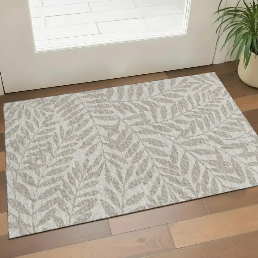 Taupe And Ivory Botanical Leaves Washable Area Rug With UV Protection Photo 1