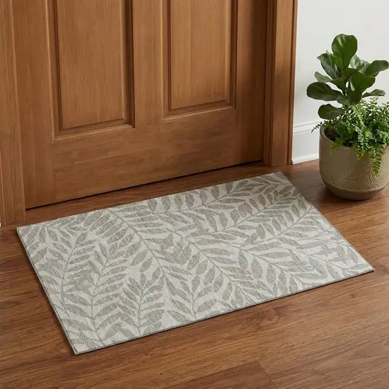 Taupe And Ivory Botanical Leaves Washable Area Rug With UV Protection Photo 1