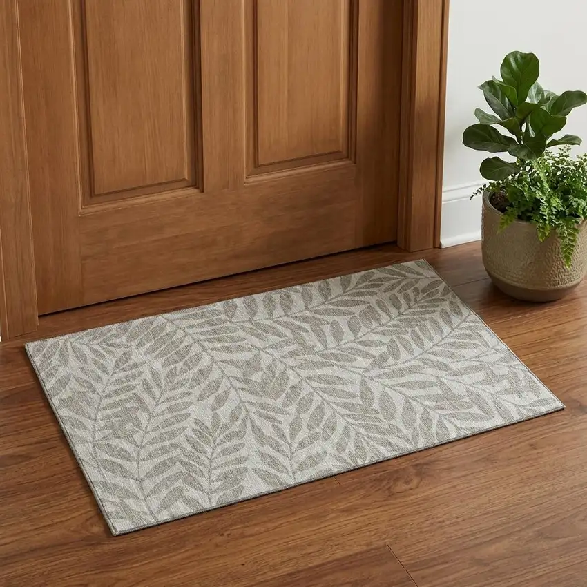 Taupe And Ivory Botanical Leaves Washable Area Rug With UV Protection Photo 1