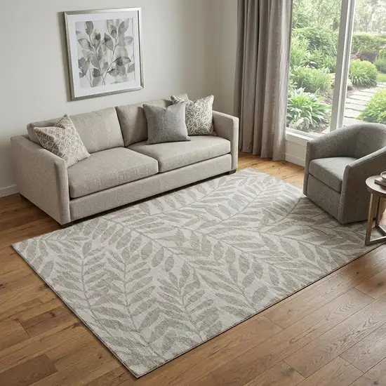 Taupe And Ivory Botanical Leaves Washable Area Rug With UV Protection Photo 1