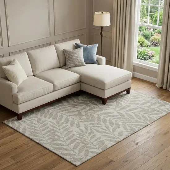 Taupe And Ivory Botanical Leaves Washable Area Rug With UV Protection Photo 1