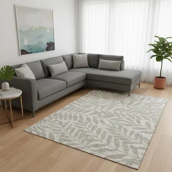 Taupe And Ivory Botanical Leaves Washable Area Rug With UV Protection Photo 1