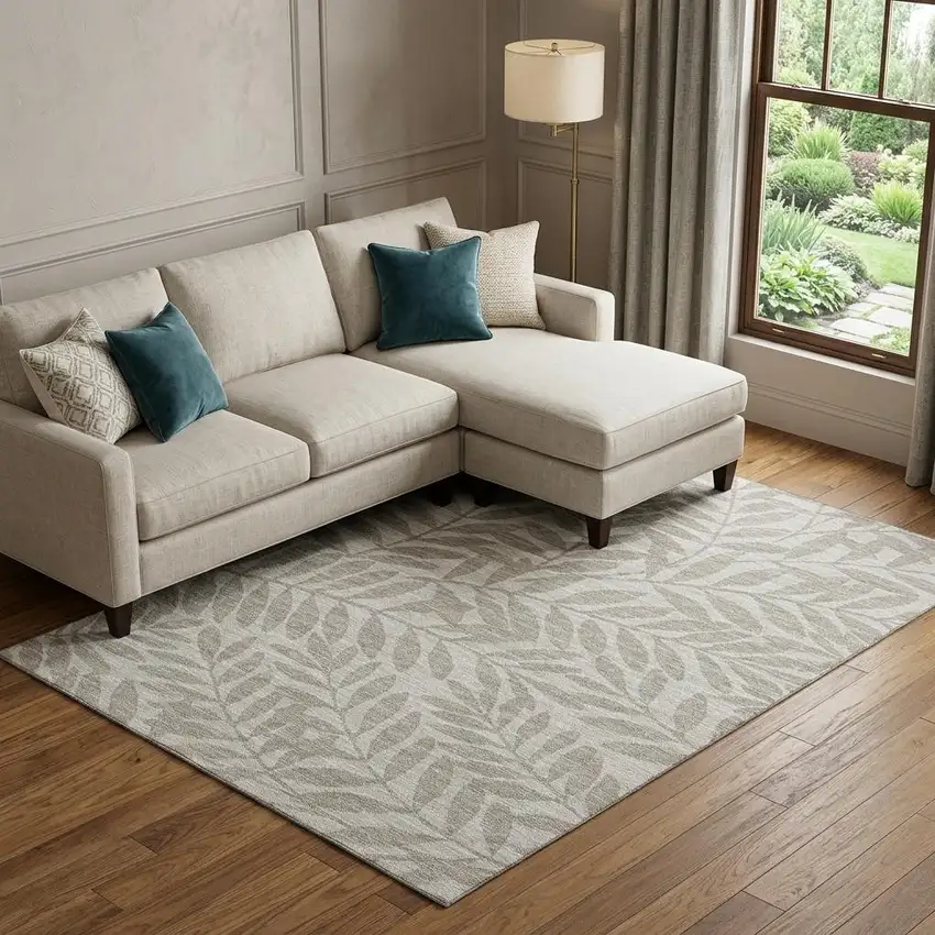 Taupe And Ivory Botanical Leaves Washable Area Rug With UV Protection Photo 1