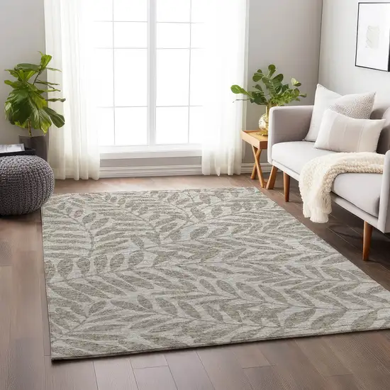 Taupe And Ivory Botanical Leaves Washable Area Rug With UV Protection Photo 4