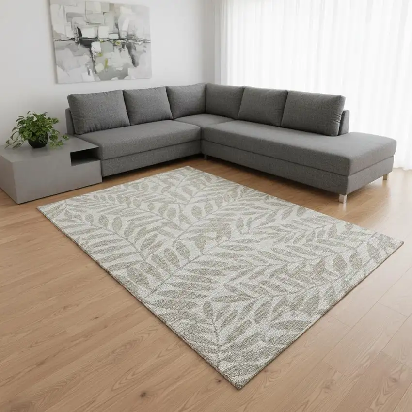 Taupe And Ivory Botanical Leaves Washable Area Rug With UV Protection Photo 1