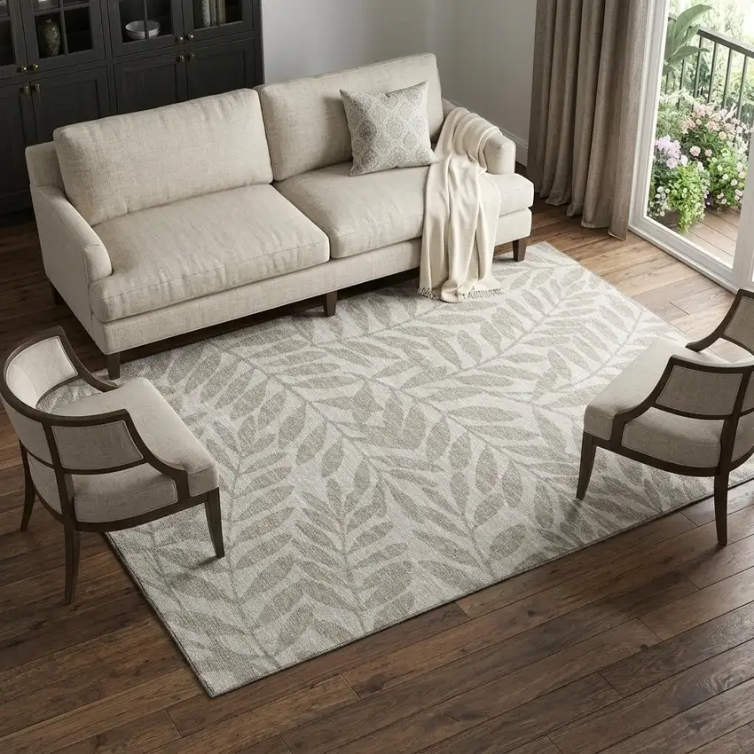 Taupe And Ivory Botanical Leaves Washable Area Rug With UV Protection Photo 1
