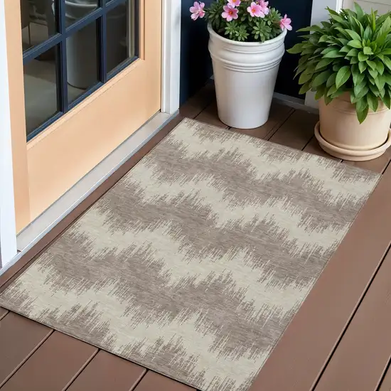 Taupe And Ivory Chevron Washable Indoor Outdoor Area Rug Photo 1