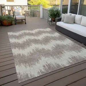 Photo of Taupe And Ivory Chevron Washable Indoor Outdoor Area Rug