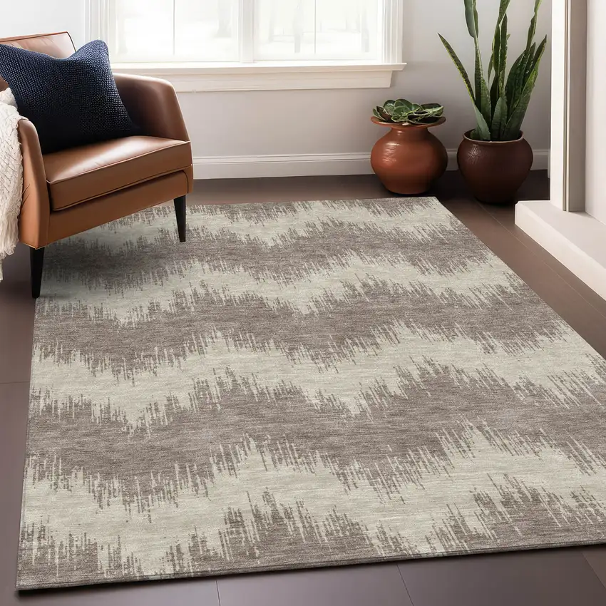 Taupe And Ivory Chevron Washable Indoor Outdoor Area Rug Photo 9