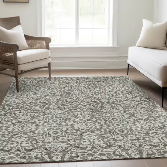 Taupe And Ivory Damask Washable Area Rug With UV Protection Photo 5