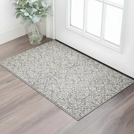 Taupe And Ivory Damask Washable Area Rug With UV Protection Photo 2