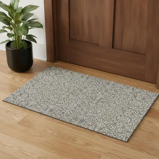 Taupe And Ivory Damask Washable Area Rug With UV Protection Photo 1